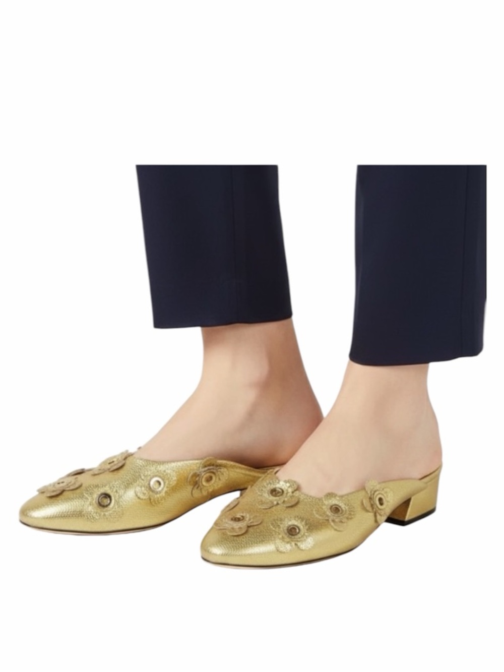 Cole Haan Metallic Gold Leather Floral Appliqué Mule Heels Slip On Size 5B